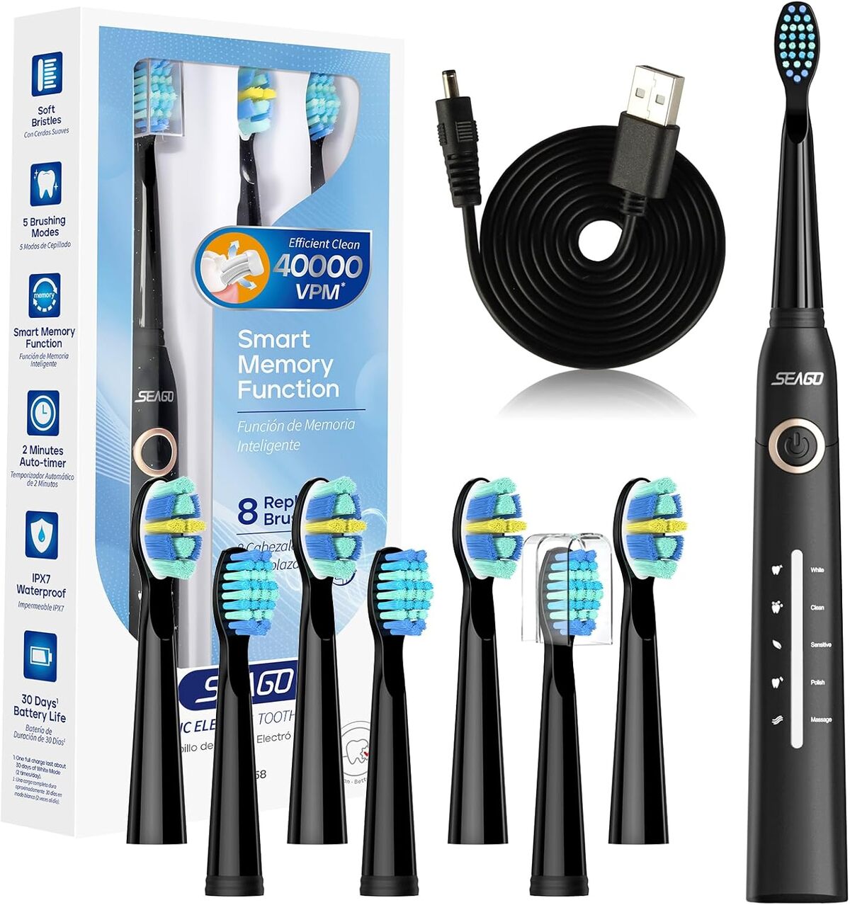 Test Seago : brosse à dents électrique 5 modes et 8 têtes rechargeable