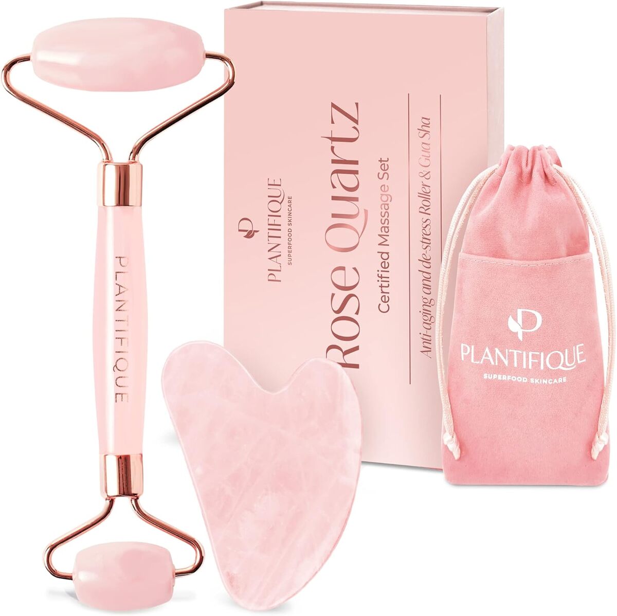 Test du rouleau quartz rose et gua sha Plantifique : un duo anti-âge efficace