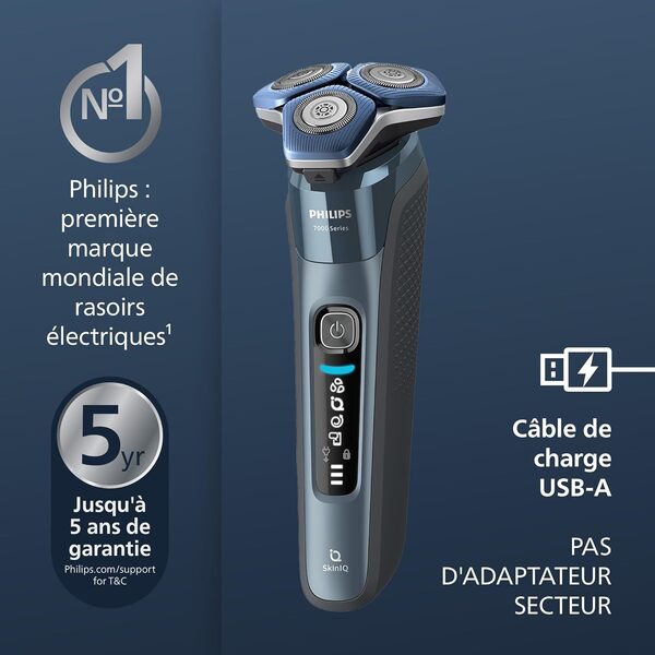 Philips Rasoir Philips Series 7000 - rasoir électrique Wet & Dry bleu glacier avec tondeuse rétractable intégrée, tondeuse à barbe, coffret de voyage, Quick Clean Pod et socle de charge (S7882/54)