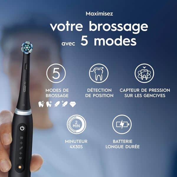 Oral-B iO 5 Duo 2 Brosses À Dents Électriques Pour Adultes, Noire Et Blanche, 5 Modes De Nettoyage Avec Sensible Pour Protéger Les Gencives, 4 Brossettes De Recharge, 1 Chargeur, 1 Étui De Voyage