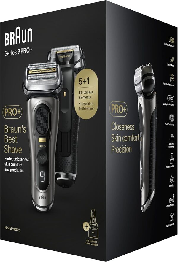 Braun Rasoir électrique Series 9 Pro avec tête 4+1, rasoir électrique pour homme avec tondeuse ProLift, centre SmartCare 5 en 1 et étui de voyage en cuir, prise britannique à 2 broches, 9465 cc, argen