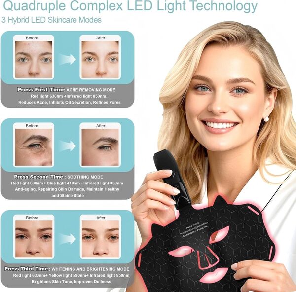 Masque LED de Visage Luminothérapie,Masque Facial de Thérapie par la Lumière Rouge,LED Face Mask Infrarouge en Silicone Flexible,3 Modes, pour Tous Les Types de Peau à la Maison