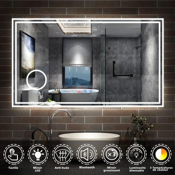 AICA Miroir de Salle de Bain LED avec Bluetooth 120 x 70cm, Miroir Lumineux avec 3 Couleurs et Fonction Anti-buée, Mural Miroir éclairé avec Interrupteur Tactile Étanche et grossissant 3X
