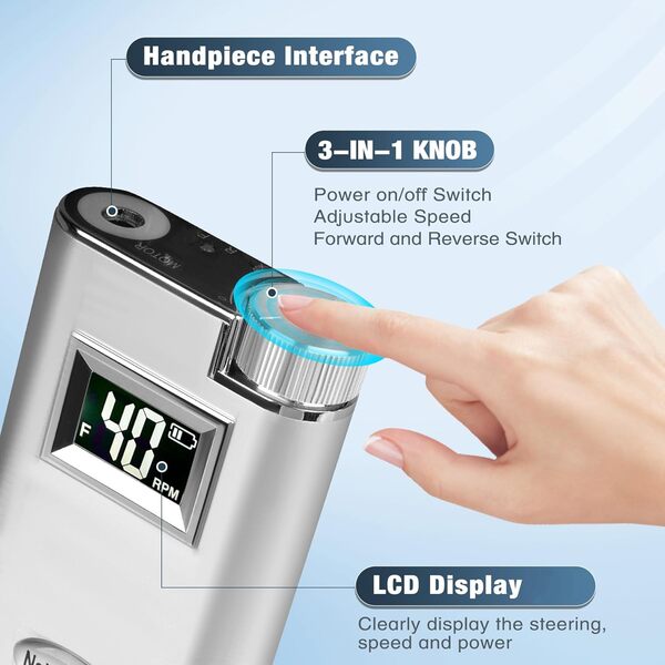 AZ GOGO Ponceuse pour Ongles Professionnelle 40000 tr/min, Lime à Ongles Electrique Rechargeable Portable avec 6 Embouts et Affichage LCD - Pour Acrylique/Gel, Machine de Manucure Pédicure Sans Fil