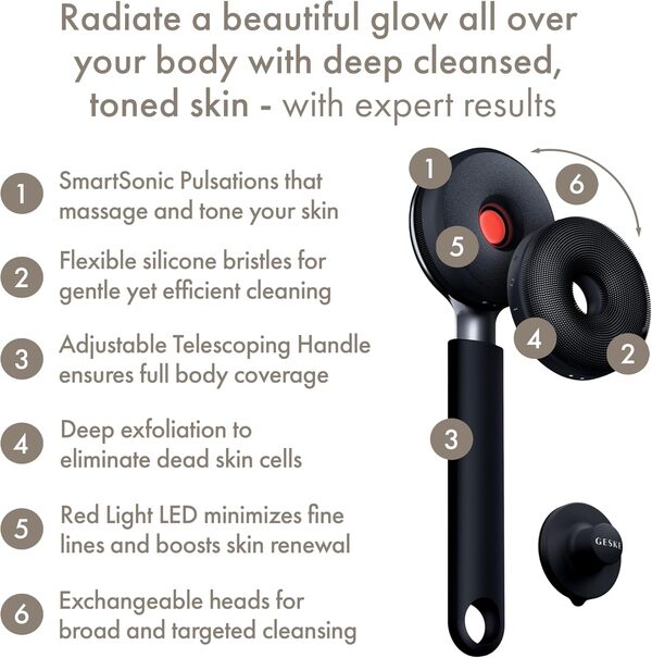 GESKE LED Sonic Full-Body Brush | 9 in 1 | Brosse nettoyante et exfoliant intensif avec LED | Pulsations SmartSonic | Nettoyage en profondeur et massage expert | Lisse la peau rugueuse