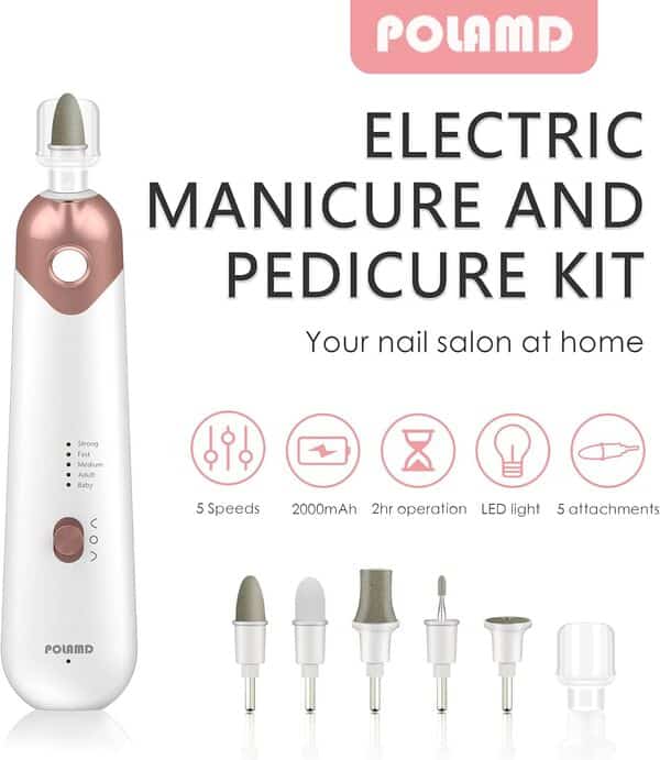 Kit professionnel de manucure et pédicure, ensemble de limes à ongles électriques sans fil, 5 vitesses, outil de soin des mains et des pieds pour meulage des ongles, Blanc, 9 Piece Set
