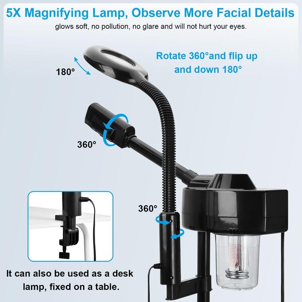 Vapeur facial ionique professionnel 2 en 1, lampe de grossissement 5 voies et pulvérisateur de brume chaude réglable, esthéticienne, vapeur faciale, spa de salon, équipement de beauté