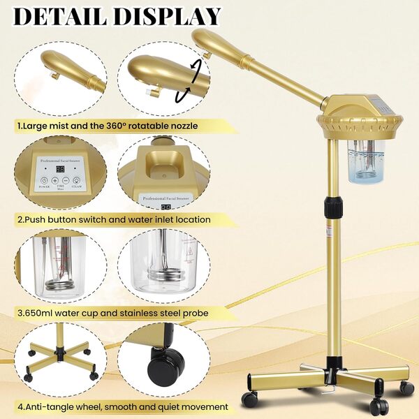 Cuiseur vapeur professionnel pour le visage avec plus de vapeur pour un nettoyage en profondeur et une hydratation, esthéticiennes sur roues avec réglage du temps, vapeur pour le visage réglable en
