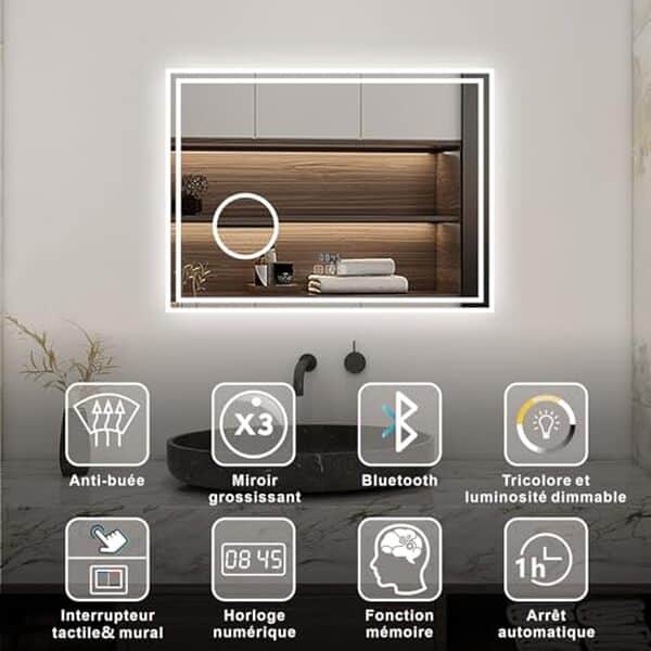 Explorez le miroir lumineux AICA bluetooth avec sa fonction anti-buée intégrée et son horloge : une révolution dans votre salle de bains pour un quotidien facilité et connecté
