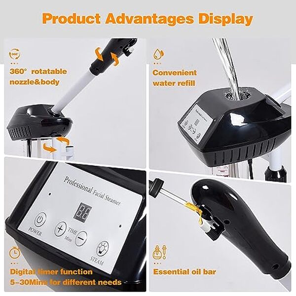 Découvrez l'efficacité d'un vapeur facial professionnel avec réglage à l'ozone : améliorez votre routine beauté à la maison ou en spa avec ce dispositif sur roues.